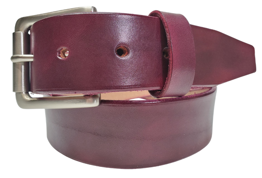 Oxblood 
Great for The Office! This real Veg-Tan leather belt starts with a hand dyed 9-10oz (1/8"ish) leather belt strip. Comes with an Antique colored buckle that is snapped in for easy removal. It is handmade in our Smyrna, TN shop, which is located just outside of Nashville.