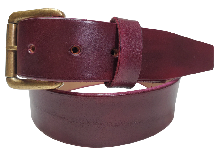 Oxblood 
Great for The Office! This real Veg-Tan leather belt starts with a hand dyed 9-10oz (1/8"ish) leather belt strip. Comes with your choice of Antique Nickle or Brass colored buckle. It is handmade in our Smyrna, TN shop, which is located just outside of Nashville.