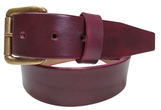 Oxblood 
Great for The Office! This real Veg-Tan leather belt starts with a hand dyed 9-10oz (1/8"ish) leather belt strip. Comes with your choice of Antique Nickle or Brass colored buckle. It is handmade in our Smyrna, TN shop, which is located just outside of Nashville.