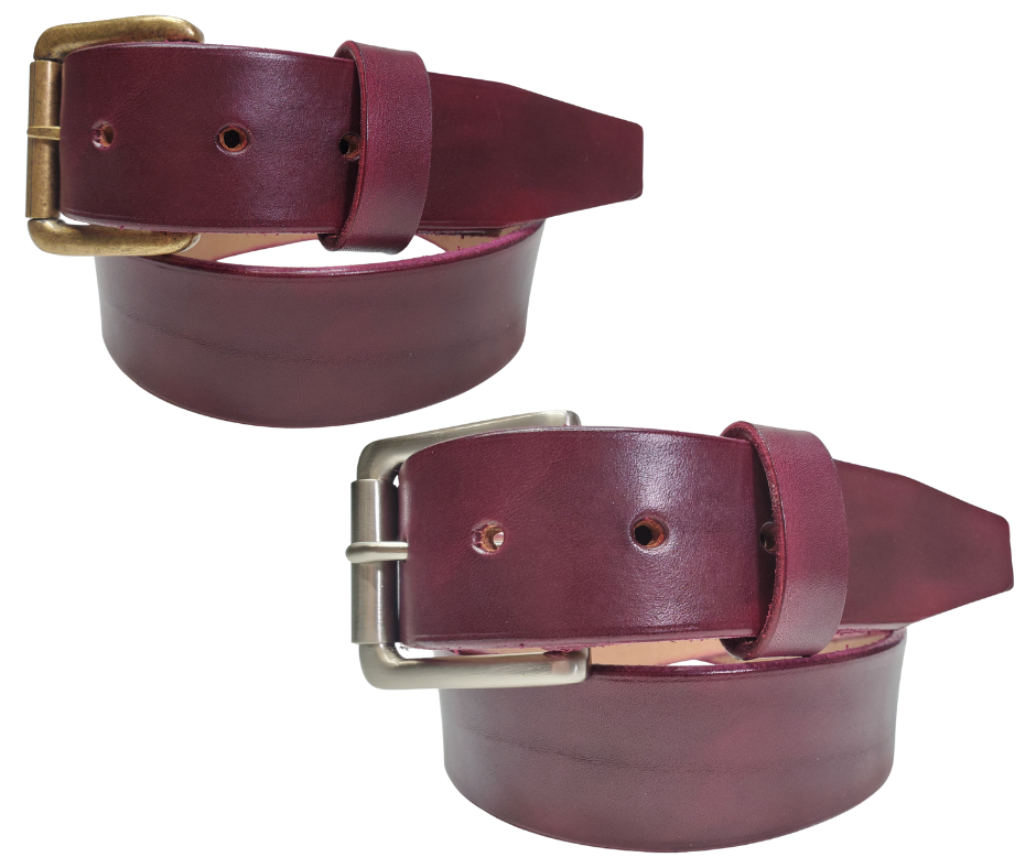 Oxblood 
Great for The Office! This real Veg-Tan leather belt starts with a hand dyed 9-10oz (1/8"ish) leather belt strip. Comes with an Antique colored buckle that is snapped in for easy removal. It is handmade in our Smyrna, TN shop, which is located just outside of Nashville.
