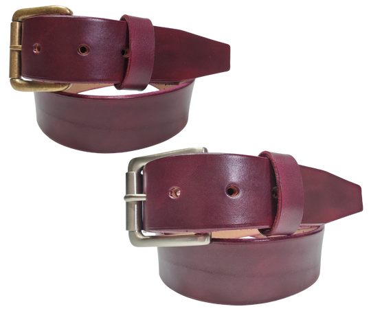 Oxblood 
Great for The Office! This real Veg-Tan leather belt starts with a hand dyed 9-10oz (1/8"ish) leather belt strip. Comes with an Antique colored buckle that is snapped in for easy removal. It is handmade in our Smyrna, TN shop, which is located just outside of Nashville.