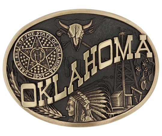 Large lettering spelling out Oklahoma stretches boldly across, surrounded by a set of antiqued figures in celebration of Oklahoma heritage including a Native Chief portrait, oil drilling, wheat, ranching and the state seal. Our cast belt buckles are acid washed to add the dark antiqued patina and hand buffed to bring out the highlights and details. Standard 1.5 inch belt swivel. Get yours at our local Smyrna ,TN shop.