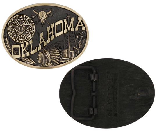 Large lettering spelling out Oklahoma stretches boldly across, surrounded by a set of antiqued figures in celebration of Oklahoma heritage including a Native Chief portrait, oil drilling, wheat, ranching and the state seal. Our cast belt buckles are acid washed to add the dark antiqued patina and hand buffed to bring out the highlights and details. Standard 1.5 inch belt swivel. Get yours at our local Smyrna ,TN shop.