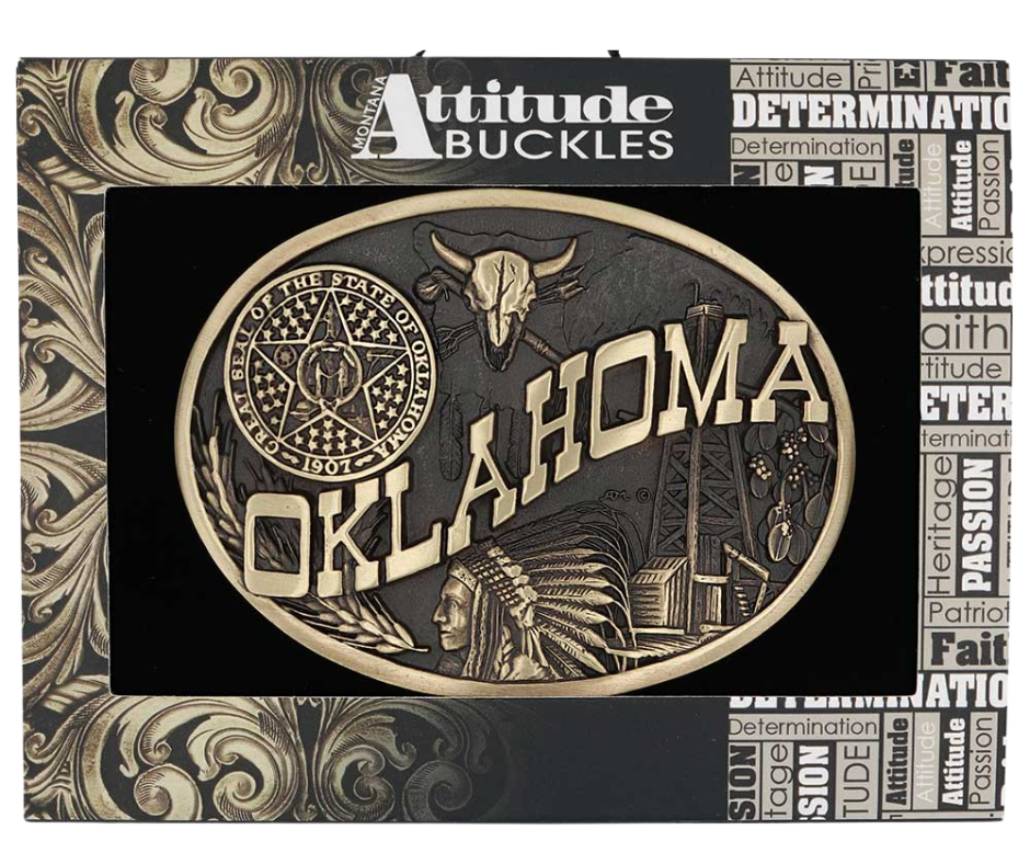 Large lettering spelling out Oklahoma stretches boldly across, surrounded by a set of antiqued figures in celebration of Oklahoma heritage including a Native Chief portrait, oil drilling, wheat, ranching and the state seal. Our cast belt buckles are acid washed to add the dark antiqued patina and hand buffed to bring out the highlights and details. Standard 1.5 inch belt swivel. Get yours at our local Smyrna ,TN shop.