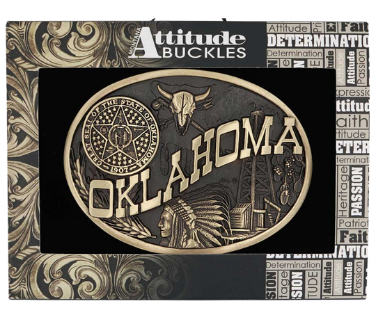 Large lettering spelling out Oklahoma stretches boldly across, surrounded by a set of antiqued figures in celebration of Oklahoma heritage including a Native Chief portrait, oil drilling, wheat, ranching and the state seal. Our cast belt buckles are acid washed to add the dark antiqued patina and hand buffed to bring out the highlights and details. Standard 1.5 inch belt swivel. Get yours at our local Smyrna ,TN shop.
