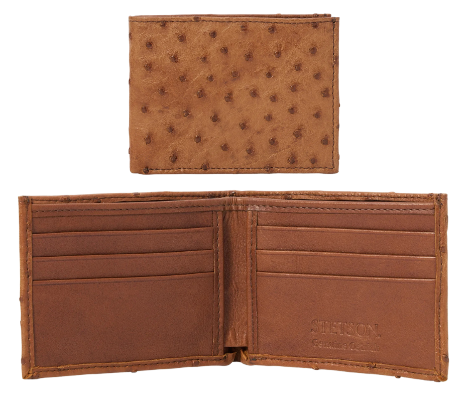 Made from authentic Cognac Ostrich leather, this bi-fold wallet blends classic western flair with bold luxury. True to Stetson’s legendary craftsmanship, it offers 6 card slots, 2 hidden pockets, and a spacious leather-lined cash compartment. Ready for you at our Smyrna, TN store, just a short drive from Nashville. Proudly made in Mexico.