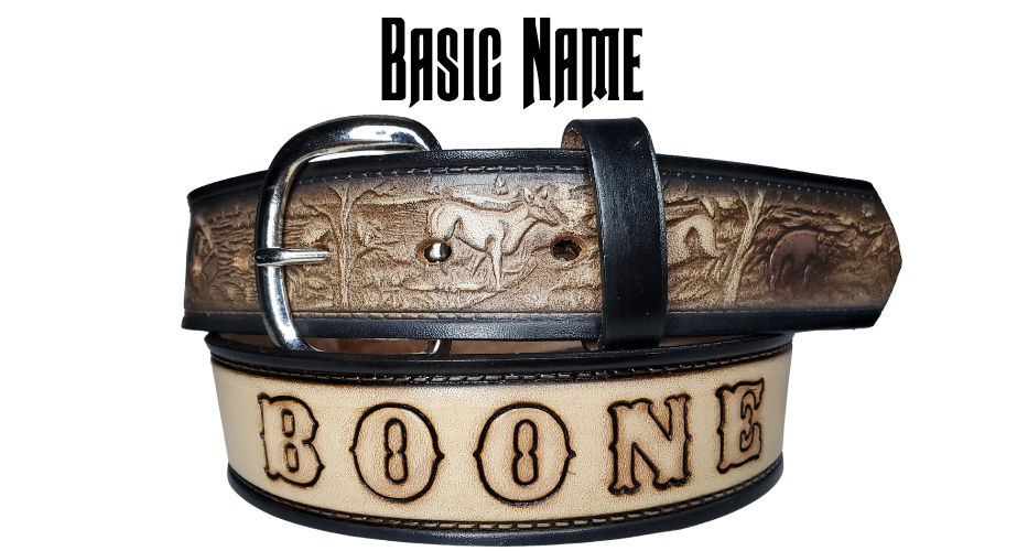 The Outdoorsmen leather belt is a classic Outdoors Pattern with DEER. HOGS, and BASS. perfect the Hunter in your family. Available in a 1 1/2" width. Full grain vegetable tanned cowhide, Width 1 1/2" and includes Nickle plated  buckle Smooth burnished painted edges. Made in USA! For name Type name desired on belt in "Type Name Here" section, no more than 9 LETTERS maximum on this PARTICULAR belt. Buckle snaps in place for easy changing if desired. In stock at our Smyrna, TN shop.