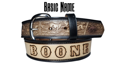 The Outdoorsmen leather belt is a classic Outdoors Pattern with DEER. HOGS, and BASS. perfect the Hunter in your family. Available in a 1 1/2" width. Full grain vegetable tanned cowhide, Width 1 1/2" and includes Nickle plated  buckle Smooth burnished painted edges. Made in USA! For name Type name desired on belt in "Type Name Here" section, no more than 9 LETTERS maximum on this PARTICULAR belt. Buckle snaps in place for easy changing if desired. In stock at our Smyrna, TN shop.