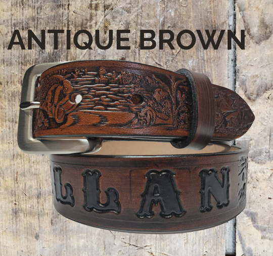 Personalized Outdoorsman leather belt with custom name in natural brown &