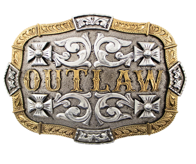 The Cowboys, The Youngers were Outlaws of the 1800's west. This buckle takes you back with Classic scroll engraving reminiscent of the that time. OUTLAW right in the center.  This antique gold and silver buckle is highlighted with a unique border. Fit's up 1 3/4" belts and is approx. 3" H x 4" W. Available at our Smyrna, TN shop, just a quick drive away from Nashville. 
