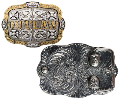 The Cowboys, The Youngers were Outlaws of the 1800's west. This buckle takes you back with Classic scroll engraving reminiscent of the that time. OUTLAW right in the center.  This antique gold and silver buckle is highlighted with a unique border. Fit's up 1 3/4" belts and is approx. 3" H x 4" W. Available at our Smyrna, TN shop, just a quick drive away from Nashville. 