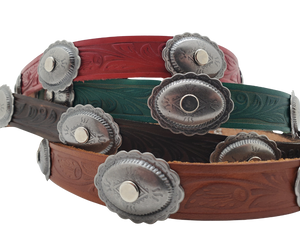 Give your hat a NEW look just by changing the band! band features 7 Oval Southwest style Conchos attached to a Embossed Western scroll pattern leather hatband is 3/4" wide by 23" (without tie string). Available in 5 colors pick one or a few. Fit's most any hat with adjustable bead and leather 1/8" string. Will fit most TOP HAT styles and WESTERN crowned hats. Made in our Smyrna Tn. shop.