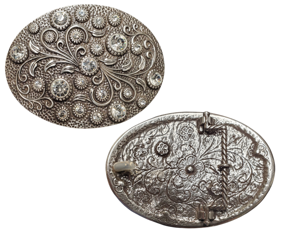 Need a splash of sparkle? The Bling Flower Spray Belt Buckle is your fashion BFF! With dazzling round rhinestones dancing on an antique silver canvas, this accessory transforms basic jeans-and-tee combos or adds extra pop to most any style. Swing by our Smyrna, TN shop before they're gone! Perfectly sized for 1½" belts. Approximately 4.25 x 3 inches.