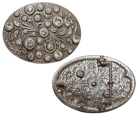 Need a splash of sparkle? The Bling Flower Spray Belt Buckle is your fashion BFF! With dazzling round rhinestones dancing on an antique silver canvas, this accessory transforms basic jeans-and-tee combos or adds extra pop to most any style. Swing by our Smyrna, TN shop before they're gone! Perfectly sized for 1½" belts. Approximately 4.25 x 3 inches.