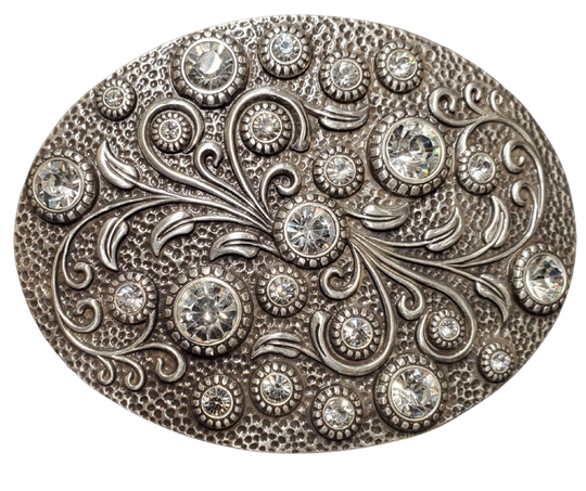 Need a splash of sparkle? The Bling Flower Spray Belt Buckle is your fashion BFF! With dazzling round rhinestones dancing on an antique silver canvas, this accessory transforms basic jeans-and-tee combos or adds extra pop to most any style. Swing by our Smyrna, TN shop before they're gone! Perfectly sized for 1½" belts. Approximately 4.25 x 3 inches.