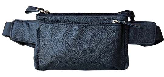 The On the Go Cowhide leather waist pack. Fully adjustable nylon waist belt with snap buckle closure. Two spacious main compartments, one with an interior zipper pocket. Back side has a discrete zipper pocket. Color match zipper and gold brushed hardware with leather pulls. Get yours at our local Smyrna, TN shop.

Cowhide genuine leather
Size: 8 ½” x 5” x ¾”
Front zipper pocket: 7” x 4 ½”
Waist length: adjust to 50 “
Color: Black, cream, light blue