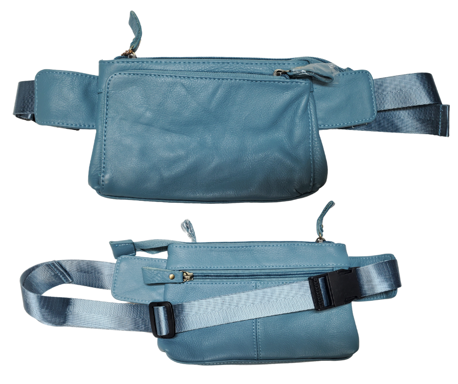 The on the Go Cowhide leather waist pack. Fully adjustable nylon waist belt with snap buckle closure. Two spacious main compartments, one with an interior zipper pocket. Back side has a discrete zipper pocket. Color match zipper and gold brushed hardware with leather pulls. Get yours at our local Smyrna, TN shop.

Cowhide genuine leather
Size: 8 ½” x 5” x ¾”
Front zipper pocket: 7” x 4 ½”
Waist length: adjust to 50 “
Color: Black, cream, light blue