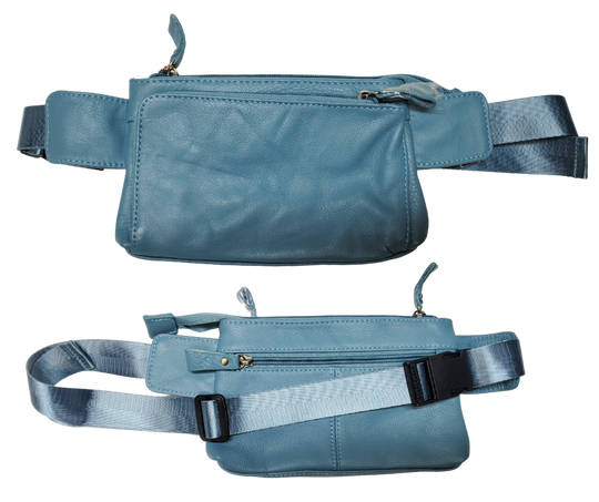 The on the Go Cowhide leather waist pack. Fully adjustable nylon waist belt with snap buckle closure. Two spacious main compartments, one with an interior zipper pocket. Back side has a discrete zipper pocket. Color match zipper and gold brushed hardware with leather pulls. Get yours at our local Smyrna, TN shop.

Cowhide genuine leather
Size: 8 ½” x 5” x ¾”
Front zipper pocket: 7” x 4 ½”
Waist length: adjust to 50 “
Color: Black, cream, light blue