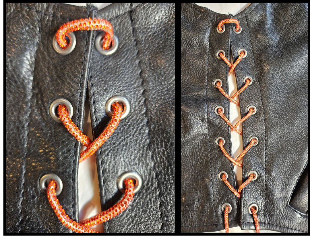 Bling Lace Pair is a new version of the standard leather lace, BUT with micro Bling attached. The crystal coating runs dense and even across the full 6-foot cord. A fun and shiny alternative to personalizing your vest. Available in our Smyrna, TN shop.

Orange is bright and bold. Blue is soft and ice cold. Red is bold and rich. Gold is a champagne shine. Silver is shimmering light. Pink has a blush-full depth. Purple is lavender. Black is dazzling.