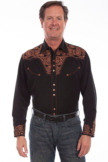 Model view - Western shirts with Embroidered Western Tooled stitching never go out of style! Inspired by classic cowboy movies, these timeless designs are favorites of today’s country stars and rock icons alike. Pair them with your favorite ripped jeans for a casual vibe or dress them up with sharp jeans for a night out. Just arrived at our Smyrna, TN shop, just a stone’s throw from Music Row in downtown Nashville!