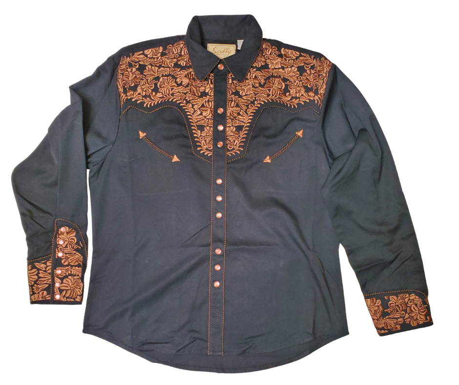 Front view - Western shirts with Embroidered Western Tooled stitching never go out of style! Inspired by classic cowboy movies, these timeless designs are favorites of today’s country stars and rock icons alike. Pair them with your favorite ripped jeans for a casual vibe or dress them up with sharp jeans for a night out. Just arrived at our Smyrna, TN shop, just a stone’s throw from Music Row in downtown Nashville!