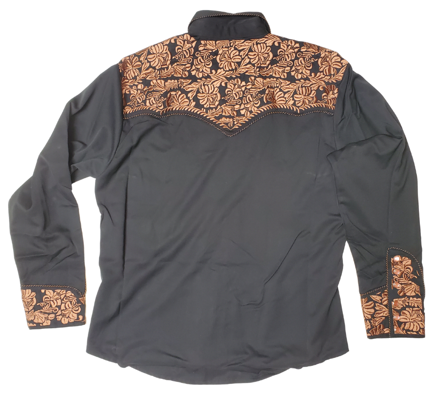 Back view - Western shirts with Embroidered Western Tooled stitching never go out of style! Inspired by classic cowboy movies, these timeless designs are favorites of today’s country stars and rock icons alike. Pair them with your favorite ripped jeans for a casual vibe or dress them up with sharp jeans for a night out. Just arrived at our Smyrna, TN shop, just a stone’s throw from Music Row in downtown Nashville!