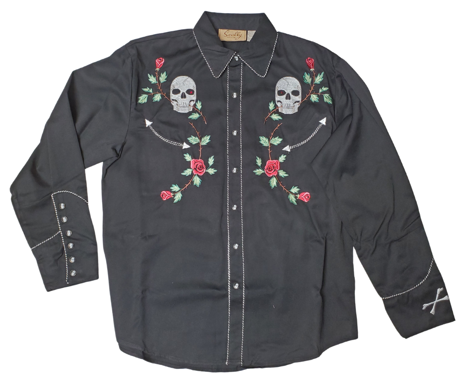 front view - Western shirts with Skulls &amp; Roses never go out of style! Inspired by classic cowboy movies, these timeless designs are favorites of today’s country stars and rock icons alike. Pair them with your favorite ripped jeans for a casual vibe or dress them up with sharp jeans for a night out. Just arrived at our Smyrna, TN shop, just a stone’s throw from Music Row in downtown Nashville!