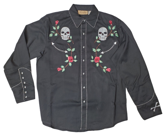 front view - Western shirts with Skulls &amp; Roses never go out of style! Inspired by classic cowboy movies, these timeless designs are favorites of today’s country stars and rock icons alike. Pair them with your favorite ripped jeans for a casual vibe or dress them up with sharp jeans for a night out. Just arrived at our Smyrna, TN shop, just a stone’s throw from Music Row in downtown Nashville!