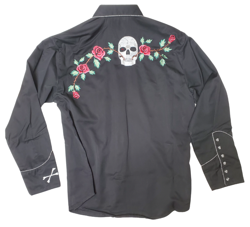 back view - Western shirts with Skulls & Roses never go out of style! Inspired by classic cowboy movies, these timeless designs are favorites of today’s country stars and rock icons alike. Pair them with your favorite ripped jeans for a casual vibe or dress them up with sharp jeans for a night out. Just arrived at our Smyrna, TN shop, just a stone’s throw from Music Row in downtown Nashville!
