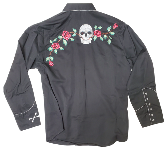 back view - Western shirts with Skulls & Roses never go out of style! Inspired by classic cowboy movies, these timeless designs are favorites of today’s country stars and rock icons alike. Pair them with your favorite ripped jeans for a casual vibe or dress them up with sharp jeans for a night out. Just arrived at our Smyrna, TN shop, just a stone’s throw from Music Row in downtown Nashville!