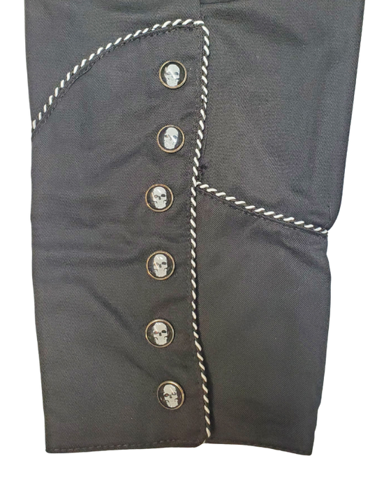 Sleeve view - Western shirts with Skulls & Roses never go out of style! Inspired by classic cowboy movies, these timeless designs are favorites of today’s country stars and rock icons alike. Pair them with your favorite ripped jeans for a casual vibe or dress them up with sharp jeans for a night out. Just arrived at our Smyrna, TN shop, just a stone’s throw from Music Row in downtown Nashville!