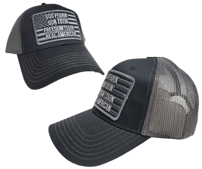 Show your Patriotism with this God Fearin, Gun Toten, Freedom Lovin  Trucker Cap! The black twill front and gray mesh back feature contrasting gray and white embroidered bold graphic of an 'Merica Flag, plus an adjustable strap to perfectly fit any size head. Take a short trip outside Nashville to our Smyrna, TN shop and get yours now!