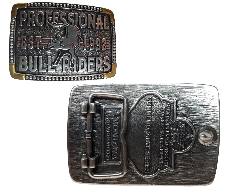 The cast Attitude buckle with PBR colors to make the buckle vibrant and stand out. "Professional Bull Riders" Est. 1992 and Bull in the center with a beaded edge completes the rectangle shape. Fits 1 1/2" belts and is approx. 3" tall x 4"across. Available at our shop just outside Nashville in Smyrna, TN. Made by Montana Silversmith.