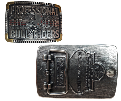 The cast Attitude buckle with PBR colors to make the buckle vibrant and stand out. "Professional Bull Riders" Est. 1992 and Bull in the center with a beaded edge completes the rectangle shape. Fits 1 1/2" belts and is approx. 3" tall x 4"across. Available at our shop just outside Nashville in Smyrna, TN. Made by Montana Silversmith.