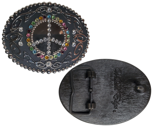 This eye-catching, multifaceted rhinestone peace sign This belt buckle adds a unique flair to any ensemble. Crafted with multicolored rhinestones, this buckle displays a classic peace sign, and is designed to fit a 1 1/2" belt. Measuring 3-1/2" x 2-3/4", this piece is perfect for those looking to add a little pizzazz to an outfit. Located in our Smyrna, TN shop near Nashville, it makes a great addition to any wardrobe.    