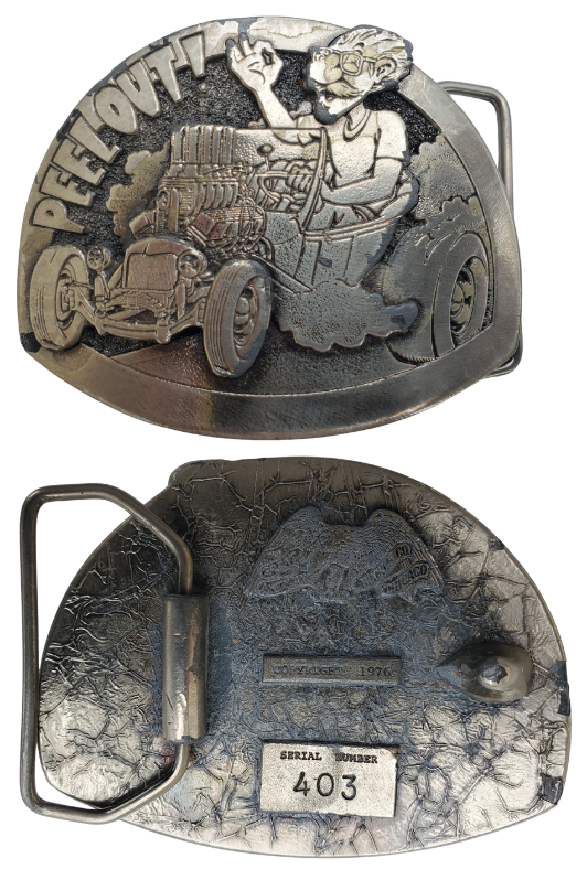 Vintage peel out rat rod belt buckle