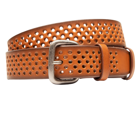 The Perforated Jean Belt - the perfect accessory to complete your outfit with style and functionality. Crafted with high-quality full-grain vegetable-tanned leather imported from Italy and crafted in Turkey,&nbsp; The steel molded hardware with an antique finish adds a touch with its adjustable fit and breathable design, the Perforated Jean Belt is suitable for all seasons. Get fitted at our Smyrna, TN shop not far from Franklin. Made by Will Leather.