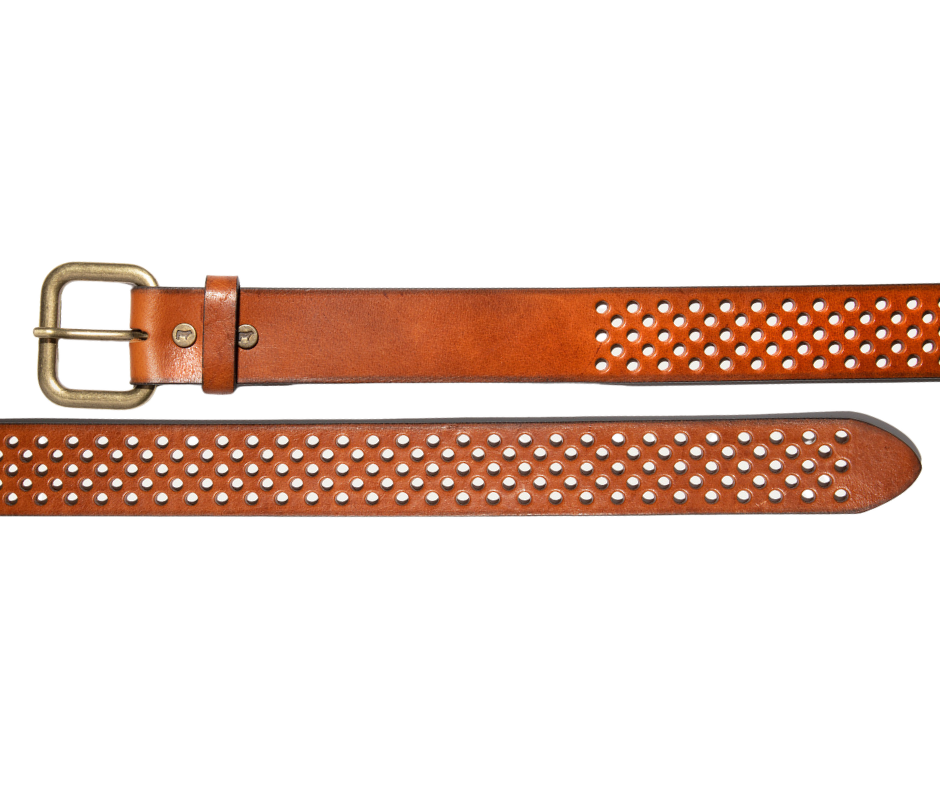 The Perforated Jean Belt - the perfect accessory to complete your outfit with style and functionality. Crafted with high-quality full-grain vegetable-tanned leather imported from Italy and crafted in Turkey,&nbsp; The steel molded hardware with an antique finish adds a touch with its adjustable fit and breathable design, the Perforated Jean Belt is suitable for all seasons. Get fitted at our Smyrna, TN shop not far from Franklin. Made by Will Leather.