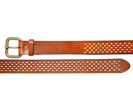 The Perforated Jean Belt - the perfect accessory to complete your outfit with style and functionality. Crafted with high-quality full-grain vegetable-tanned leather imported from Italy and crafted in Turkey,&nbsp; The steel molded hardware with an antique finish adds a touch with its adjustable fit and breathable design, the Perforated Jean Belt is suitable for all seasons. Get fitted at our Smyrna, TN shop not far from Franklin. Made by Will Leather.