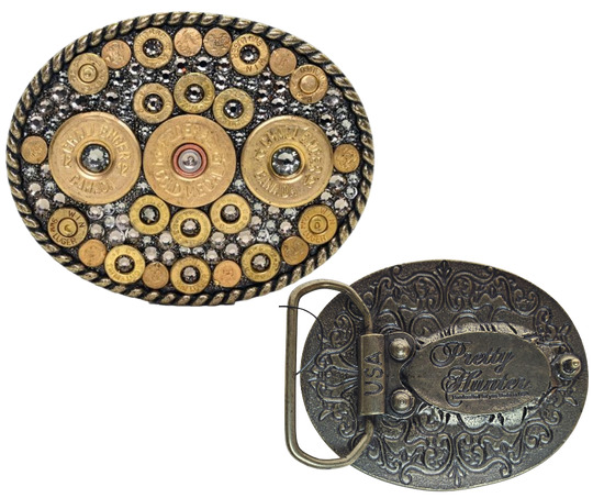 Be bold, break through barriers, and blaze the trail! Women of the west left a powerful mark. Sparkling glamour abounds from this unique oval buckle. Genuine once fired bullets and Swarovski crystals combine for a 3 1/2" x 2 3/4" masterpiece! Fit's up to 1 1/2" belt. Shop now at our Smyrna, TN location near Nashville! Assembled in the USA.