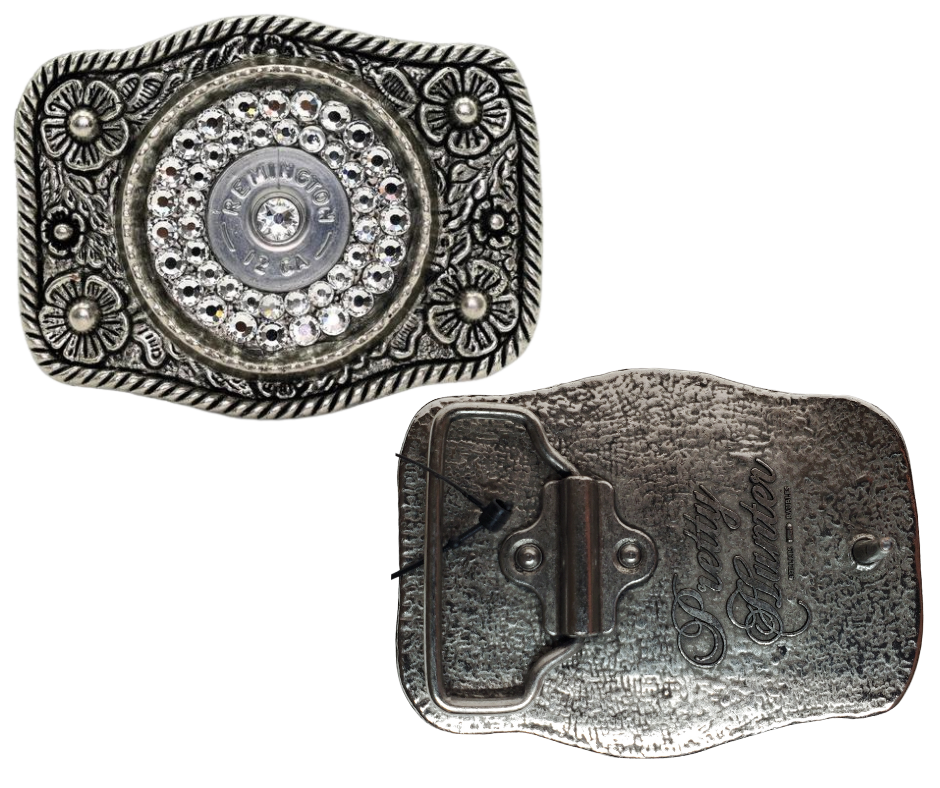 Glamorize your look with this sizzling "Calamity Jane" Buckle! Genuine Swarovski Crystals and flowers create a feminine yet daring outfit accessory. Approx. 3 1/4"" x 2 1/2" antique floral cast pewter base is tastefully topped off with authentic once-fired rounds. Add this trendy item to your wardrobe: Fit's up to 1 1/2" belts. Find it in our Smyrna, TN store near Nashville! Assembled in the USA.