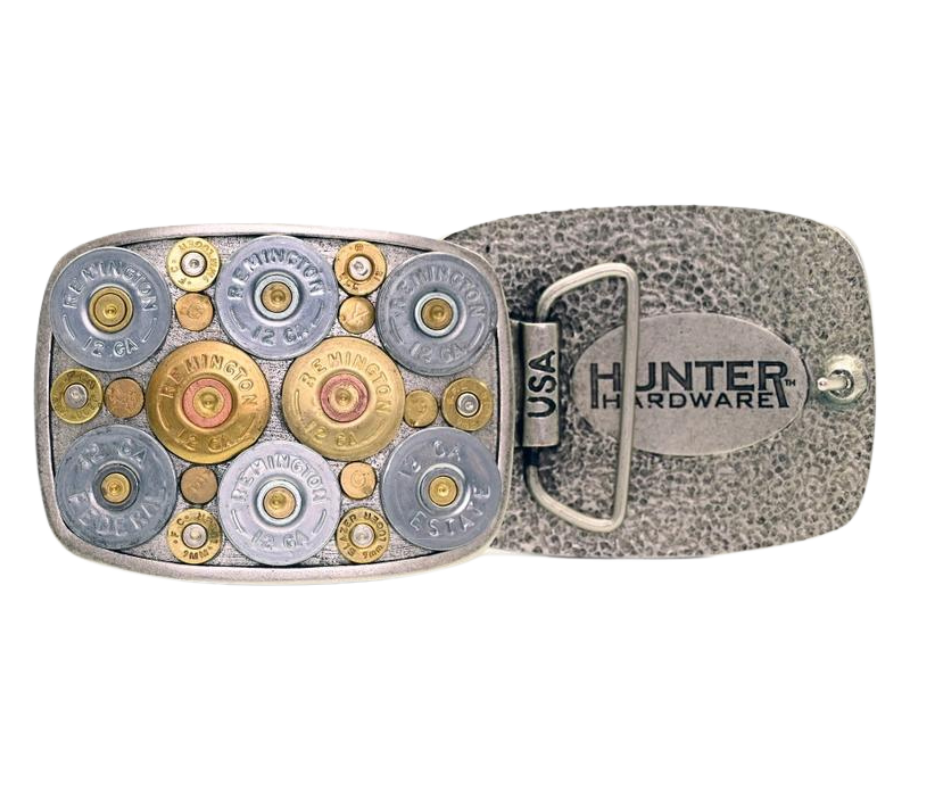 Ready to take the hunt to the next level? Turn heads with this 3 1/2" x 2 3/4" masterpiece, crafted from genuine once-fired ammunition! Wear your passion for the hunt and your love of the crisp morning air in the tree stand waiting for your trophy with the Benoit Belt Buckle. Fits up to 1 1/2" belts perfectly. Make the trip to Smyrna, TN - just outside Nashville - and shop now! Assembled in the USA.