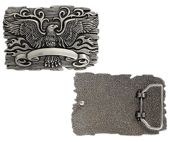 Experience the Phoenix's influence on many cultures and generations - old and new. Bring your look out of the ashes with this buckle. Suitable for belts up to 1 1/2 inches, its imagery will enhance all of your outfits. Come check out our store in Smyrna, TN, conveniently located near downtown Nashville!

Approx. 3" x 4"
Imported