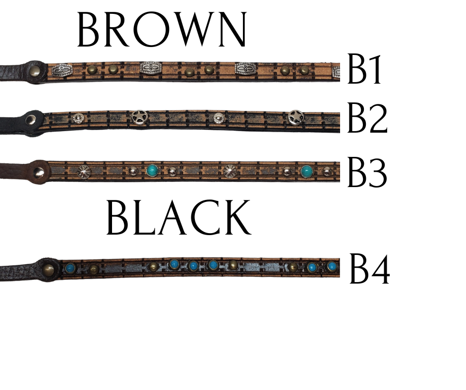 These hatbands are approx. 1/4" to 3/16" wide with a 3 piece buckle set. Asst. styles. Just a few left in our Smyrna, Tn shop.