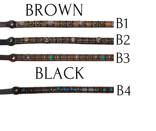 These hatbands are approx. 1/4" to 3/16" wide with a 3 piece buckle set. Asst. styles. Just a few left in our Smyrna, Tn shop.