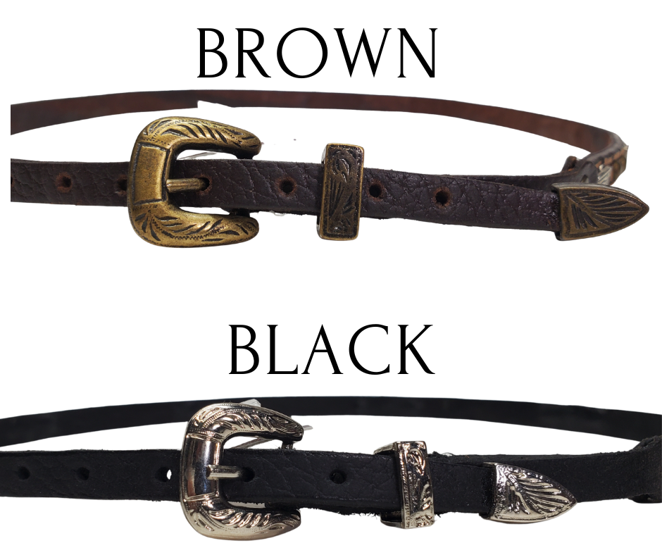 These hatbands are approx. 1/4" to 3/16" wide with a 3 piece buckle set. Asst. styles. Just a few left in our Smyrna, Tn shop.
