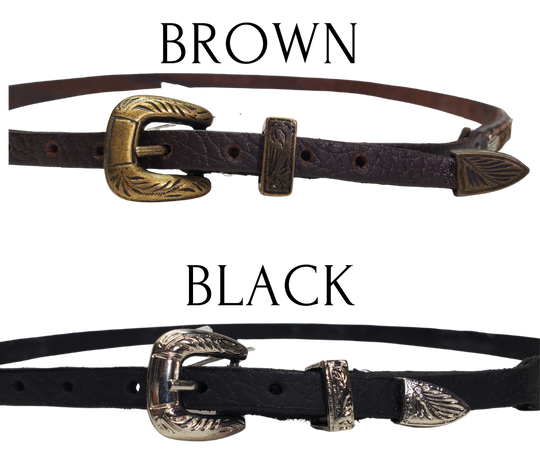 These hatbands are approx. 1/4" to 3/16" wide with a 3 piece buckle set. Asst. styles. Just a few left in our Smyrna, Tn shop.