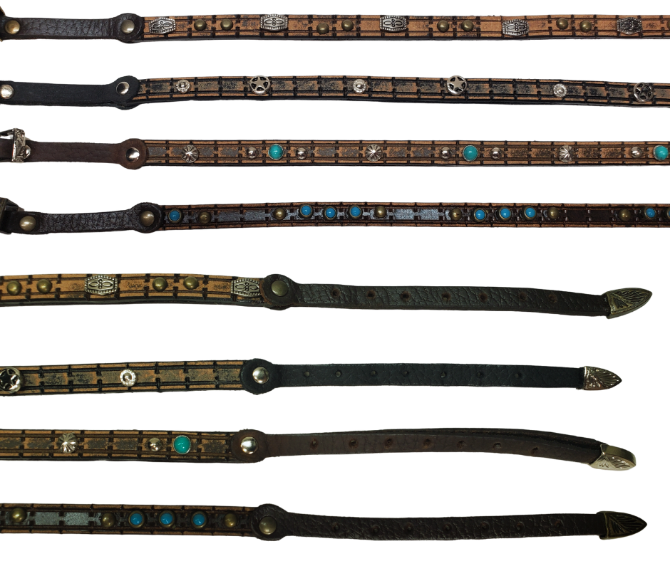 These hatbands are approx. 1/4" to 3/16" wide with a 3 piece buckle set. Asst. styles. Just a few left in our Smyrna, Tn shop.