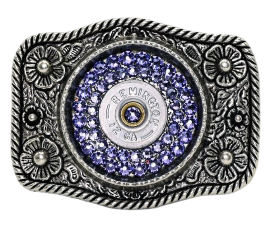 Glamorize your look with this sizzling "Calamity Jane" Buckle! Genuine Swarovski Crystals and flowers create a feminine yet daring outfit accessory. Approx. 3 1/4"" x 2 1/2" antique floral cast pewter base is tastefully topped off with authentic once-fired rounds. Add this trendy item to your wardrobe: Fit's up to 1 1/2" belts. Find it in our Smyrna, TN store near Nashville! Assembled in the USA.