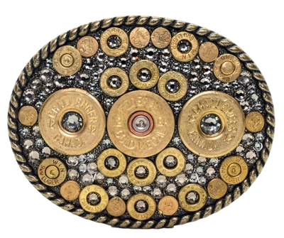 Be bold, break through barriers, and blaze the trail! Women of the west left a powerful mark. Sparkling glamour abounds from this unique oval buckle. Genuine once fired bullets and Swarovski crystals combine for a 3 1/2" x 2 3/4" masterpiece! Fit's up to 1 1/2" belt. Shop now at our Smyrna, TN location near Nashville! Assembled in the USA.